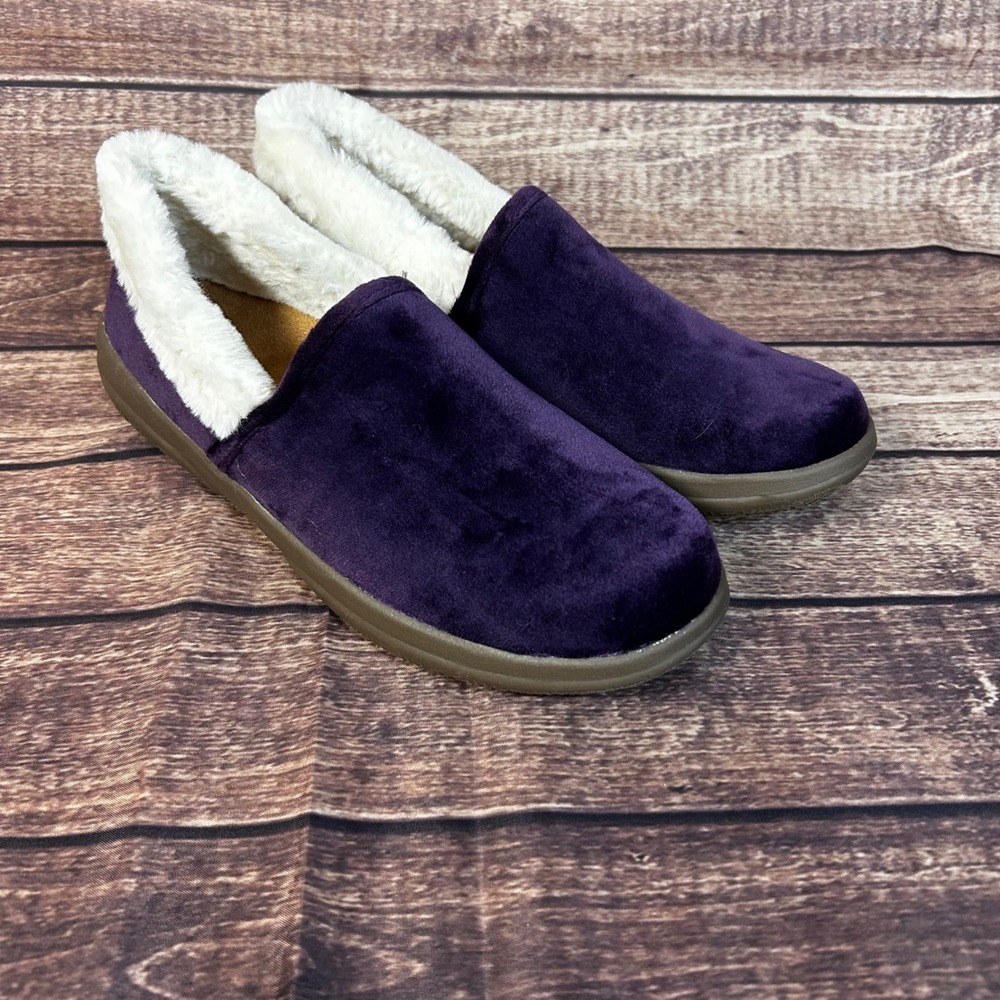 Vionic Clare Purple Cozy Collar Faux Fur Slip On Slippers Womens 8